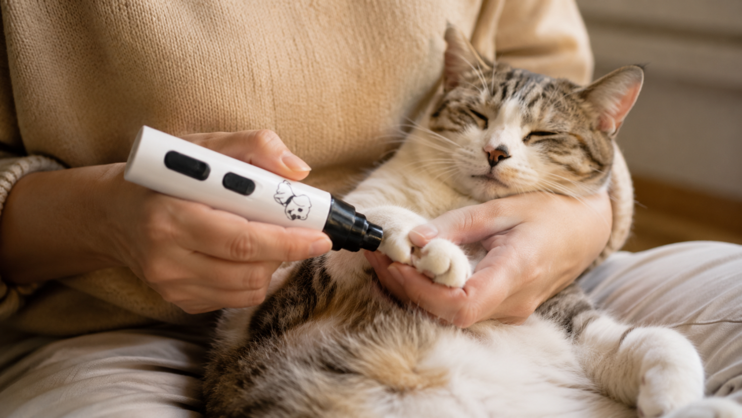 Person holding a cat and a laser pointer, with the cat lying on their lap