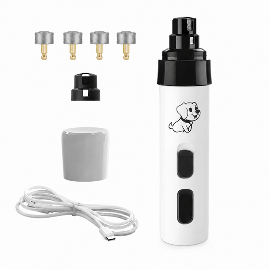White electronic device with black accents and dog illustration, surrounded by attachments on a white background
