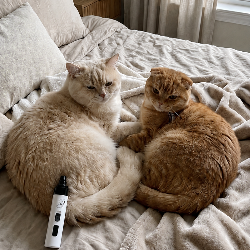 Two cats sitting on a bed with a remote control nearby.